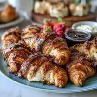Elegant Mothers Day brunch board with flaky pastries, fresh fruit, and mimosas for a festive morning celebration.