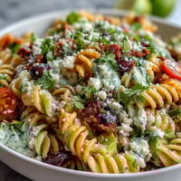 Vibrant Easy Taco Pasta Salad with colorful veggies, creamy dressing, and crunchy tortilla chips, perfect for summer potlucks.