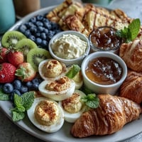Easter brunch board with deviled eggs, fruit, and pastries arranged on a large platter for festive sharing.