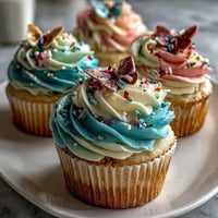 Delicate vanilla cupcakes topped with pastel butterfly buttercream swirls and edible wafer butterflies.  