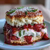 Golden Strawberry Basil Shortcake Biscuits, piled high with fresh berries and cream.