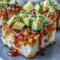 Crispy Rice Salad with Avocado and Spicy Tuna, boasting golden fried rice cakes.