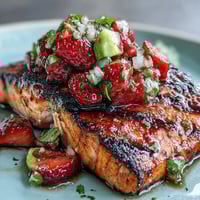 Grilled salmon with colorful strawberry avocado salsa, a perfect light summer meal.