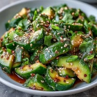 Smashed cucumber and avocado salad, vibrant, fresh, with toasted sesame seeds.