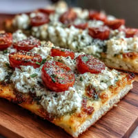 Viral Cottage Cheese Flatbread with vibrant pesto and ripe tomatoes.