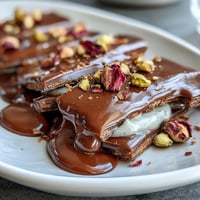 Luxurious Dubai chocolate bark with crisp kataifi pastry and luscious pistachio cream, garnished with rose petals.