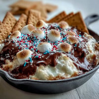 Gooey 4th of July S'mores Dip in cast iron, perfect for dipping.