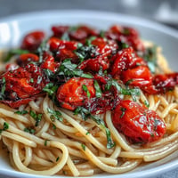 Tender cherry tomato confit pasta with fragrant garlic oil, a delicious visual feast.