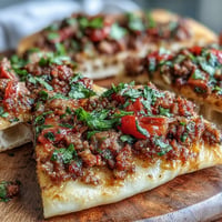 Crispy Turkish Lahmacun topped with savory lamb, fresh veg, and bright sumac.
